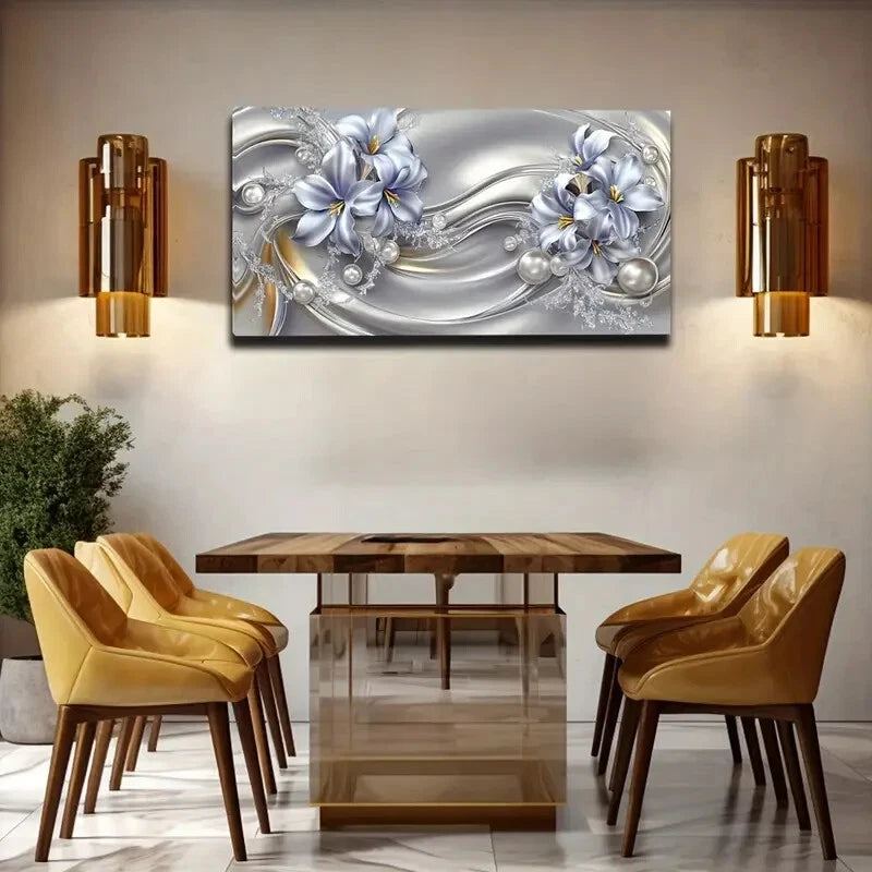 Light Blue Flowers Golden Wall Art Canvas Office Home Room Framed 120x60cm - Bella Home Decor