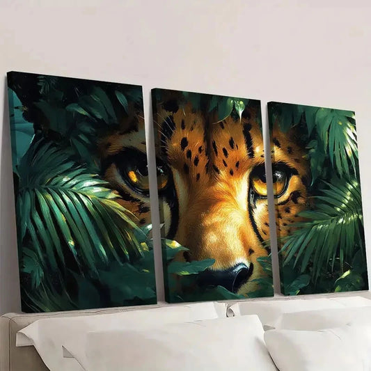 3pcs Tropical Foliage Vibrant Green Wildcat Eyes Wall Art Set Canvas Framed 60x90cm - High Quality Print 100% Australian Made Wall Canvas Ready to Hang