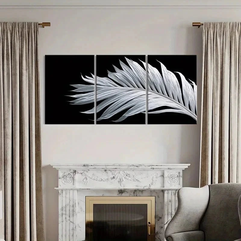 3pcs Black And White Abstract Feather Decor    Wall Art Set Canvas Framed 50x70cm - High Quality Print 100% Australian Made Wall Canvas Ready to Hang - Bella Home Decor
