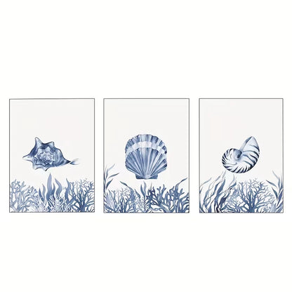 3pcs Indigo Blue Seashells Under The Sea  Wall Art Set Canvas Framed 40x60cm - High Quality Print 100% Australian Made Wall Canvas Ready to Hang