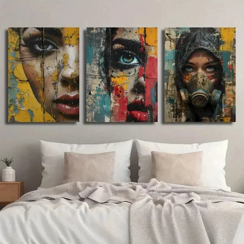 3pcs Abstract Colorful Human Faces Wall Art Set Canvas Unframed - High Quality Print 100% Australian Made Wall Canvas - Bella Home Decor