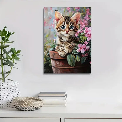 Cute Bengal Kitten & Pink Flowers in Planter 40x60cm Metal Print Ready to Hang - Bella Home Decor
