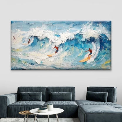 Surfers Riding Ocean Waves Wall Art Canvas Office Home Room Framed 120x60cm