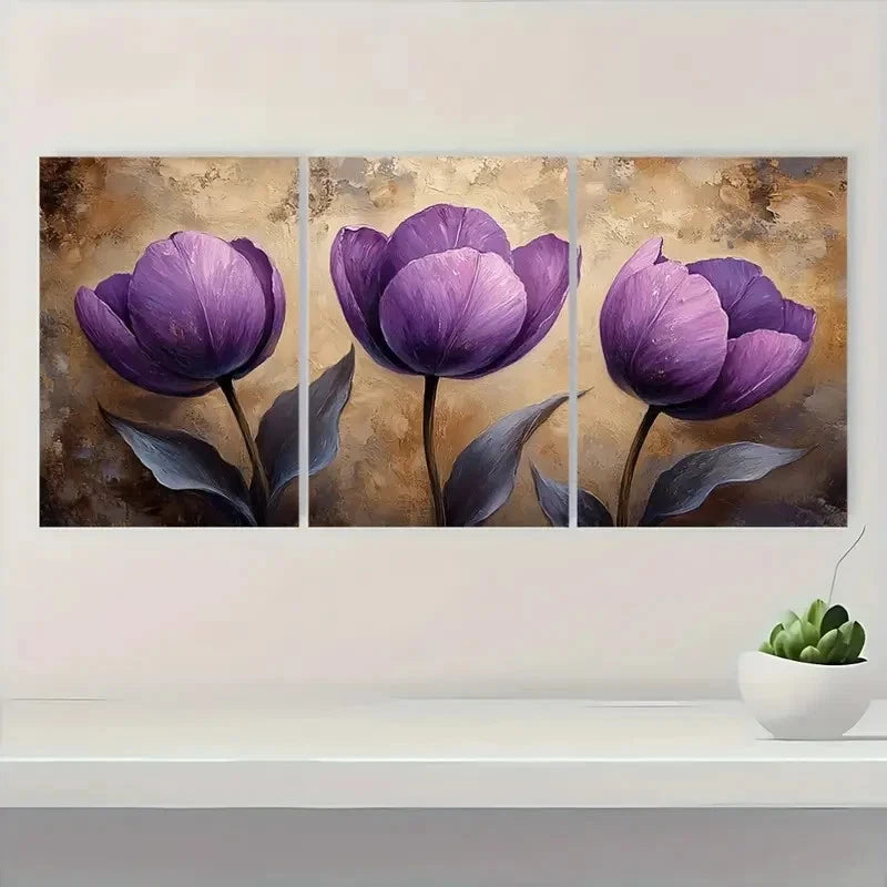3pcs Showcasing Beige Purple Tulips Perfect Wall Art Set Canvas Framed 40x60cm - High Quality Print 100% Australian Made Wall Canvas Ready to Hang - Bella Home Decor