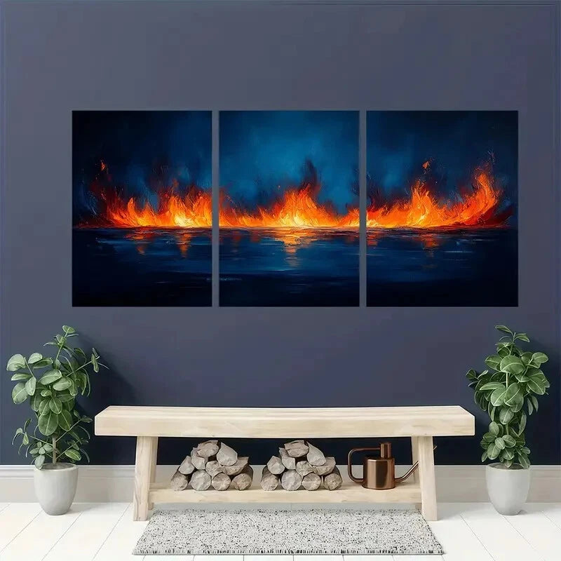 3pcs Abstract Blue & Orange Vibrant Fire Metal Print Ready to Hang Art - Bella Home Decor