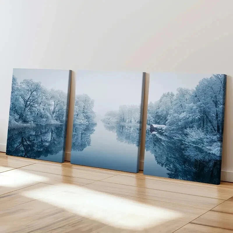 3pcs Winter Snow Scene River Tree Modern Wall Art Set Canvas Framed 50x70cm - High Quality Print 100% Australian Made Wall Canvas Ready to Hang - Bella Home Decor