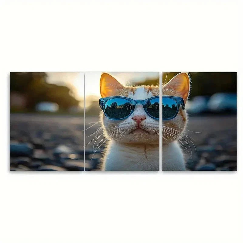 3pcs White Cat in Blue Glasses EU   Wall Art Set Canvas Framed 40x60cm - High Quality Print 100% Australian Made Wall Canvas Ready to Hang - Bella Home Decor
