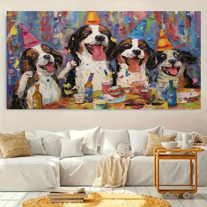 Happy Dogs In Party Hats Wall Art Canvas Office Home Room Framed 120x60cm