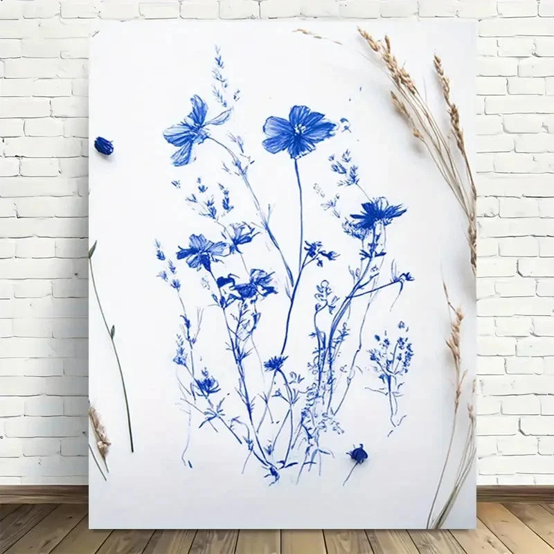 Beautiful Blue Floral Sketch Vintage Painting 40x60cm Metal Print Ready to Hang - Bella Home Decor