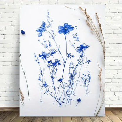 Beautiful Blue Floral Sketch Vintage Painting 40x60cm Metal Print Ready to Hang - Bella Home Decor