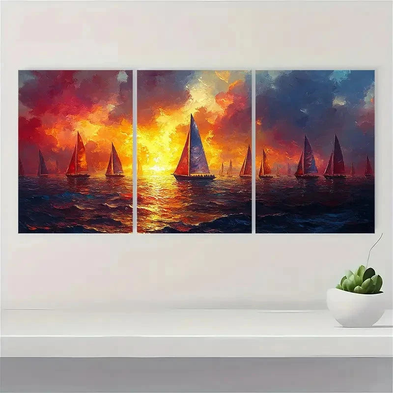 3pcs Sailboat Paintings by Famous Artists FH   Wall Art Set Canvas Framed 50x70cm - High Quality Print 100% Australian Made Wall Canvas Ready to Hang
