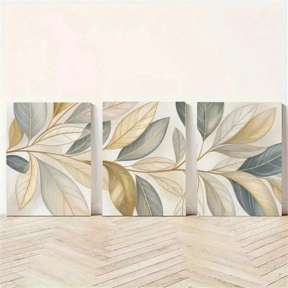 3pcs Eucalyptus Leaves, Golden Leaves Wall Art Set Canvas Framed 50x70cm - High Quality Print 100% Australian Made Wall Canvas Ready to Hang