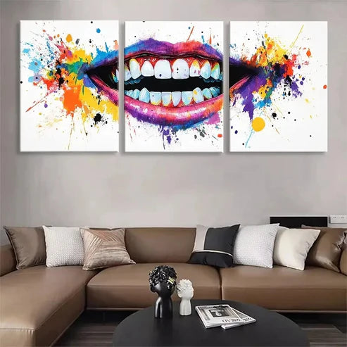 3pcs Abstract Colorful Lips and Teeth Wall Art Canvas Unframed - High Quality Print 100% Australian Made Wall Canvas - Bella Home Decor