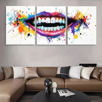 3pcs Abstract Colorful Lips and Teeth Wall Art Canvas Unframed - High Quality Print 100% Australian Made Wall Canvas - Bella Home Decor