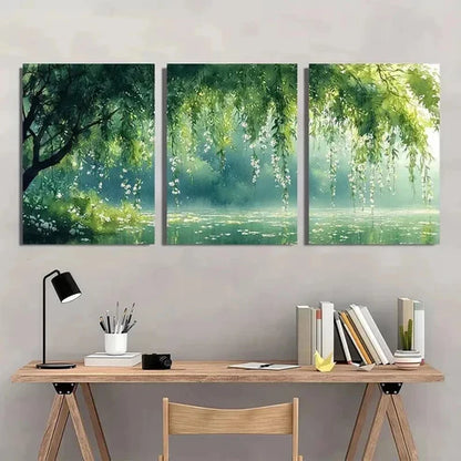 3pcs Serene Willow Tree & White Flower Landscape Wall Art Canvas Unframed - High Quality Print 100% Australian Made Wall Canvas