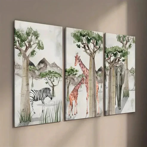 3pcs African Animals Jungle Theme Wall Art Set Canvas Unframed - High Quality Print 100% Australian Made Wall Canvas - Bella Home Decor