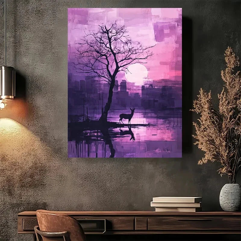 Beautiful Abstract Purple Sunset with Tree and Deer 40x60cm Metal Print Ready to Hang - Bella Home Decor