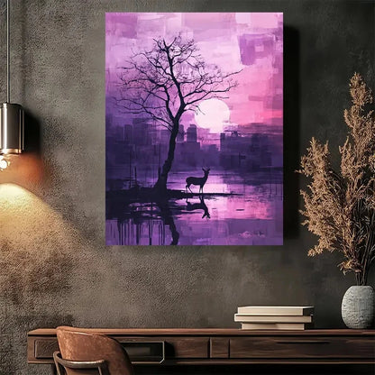 Beautiful Abstract Purple Sunset with Tree and Deer 40x60cm Metal Print Ready to Hang - Bella Home Decor