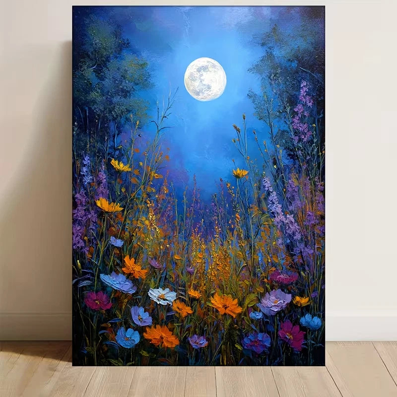 Manga Style Full Moon & Wildflowers 60x90cm Metal Print Ready to Hang