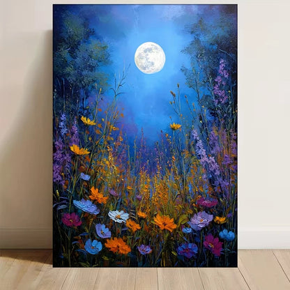 Manga Style Full Moon & Wildflowers 60x90cm Metal Print Ready to Hang