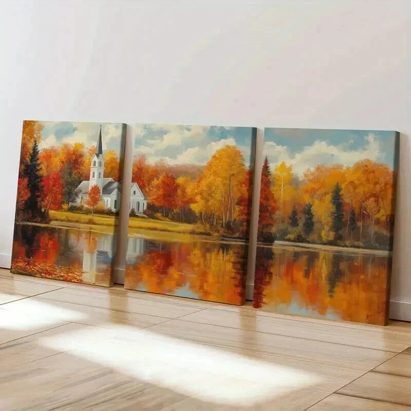 3pcs Autumn Church Landscape & Lake Reflection Wall Art Set Canvas Framed 60x90cm - High Quality Print 100% Australian Made Wall Canvas Ready to Hang - Bella Home Decor