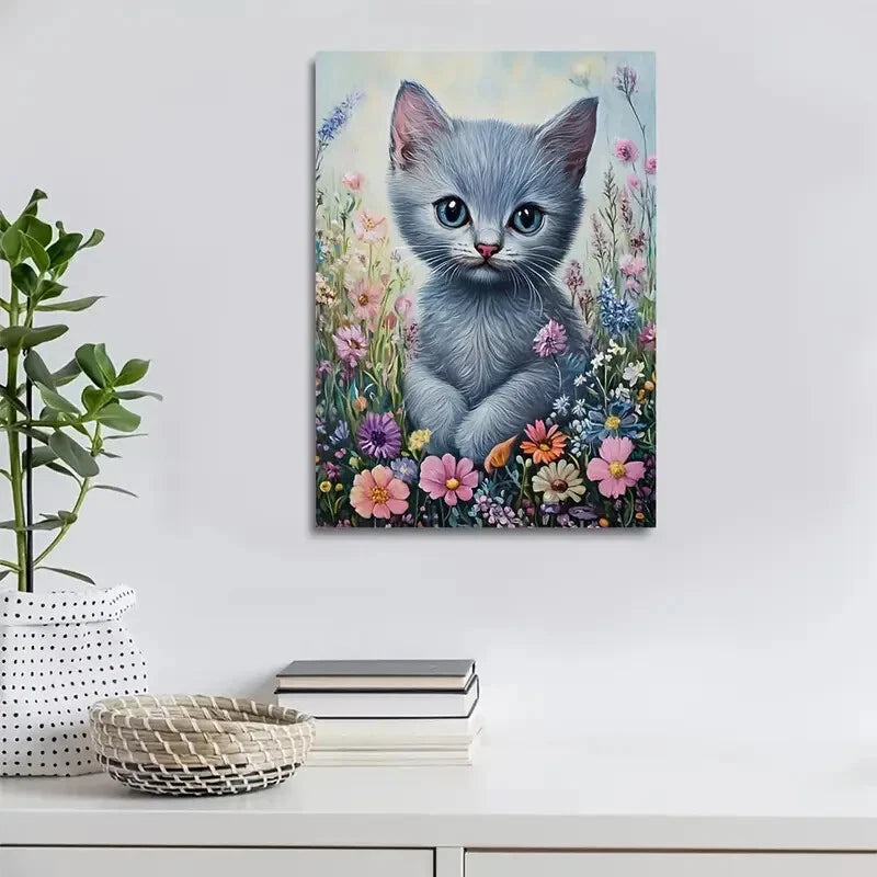 Adorable Russian Blue Kitten with Flowers Painting 40x60cm Metal Print Ready to Hang - Bella Home Decor