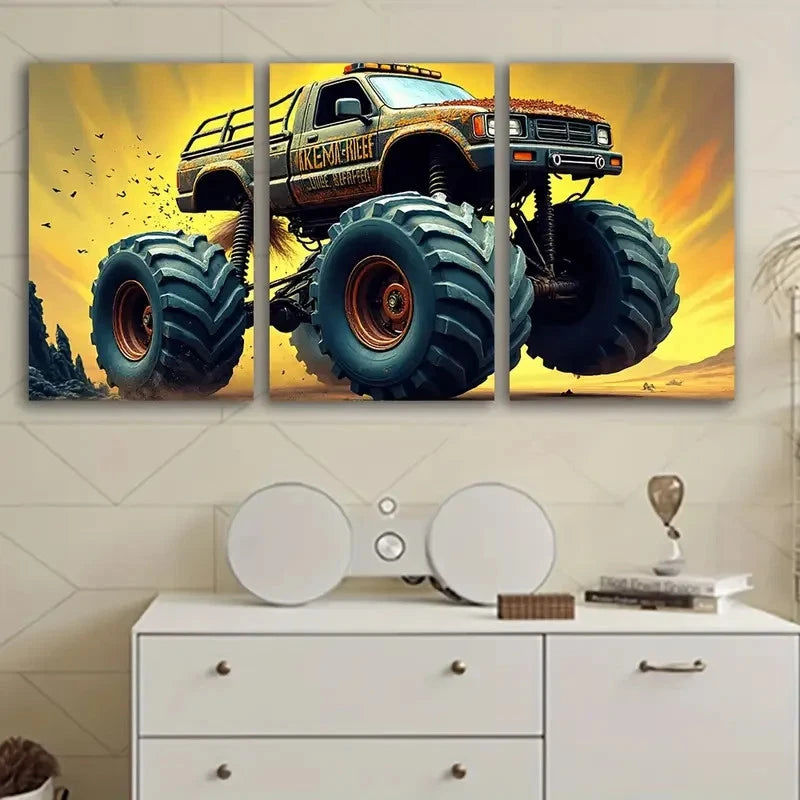 3pcs Monster Trucks Flying By Wall Art Set Canvas Framed 50x70cm - High Quality Print 100% Australian Made Wall Canvas Ready to Hang