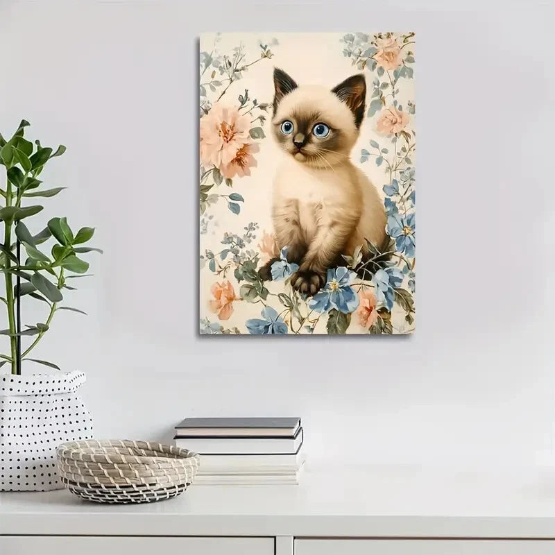 Cute Siamese Kitten with Blue Eyes & Floral Painting 40x60cm Metal Print Ready to Hang - Bella Home Decor