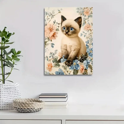 Cute Siamese Kitten with Blue Eyes & Floral Painting 40x60cm Metal Print Ready to Hang - Bella Home Decor