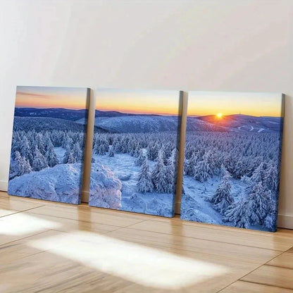 3pcs Snowy Landscape with Sunset Reflection Wall Art Set Canvas Framed 60x90cm - High Quality Print 100% Australian Made Wall Canvas Ready to Hang