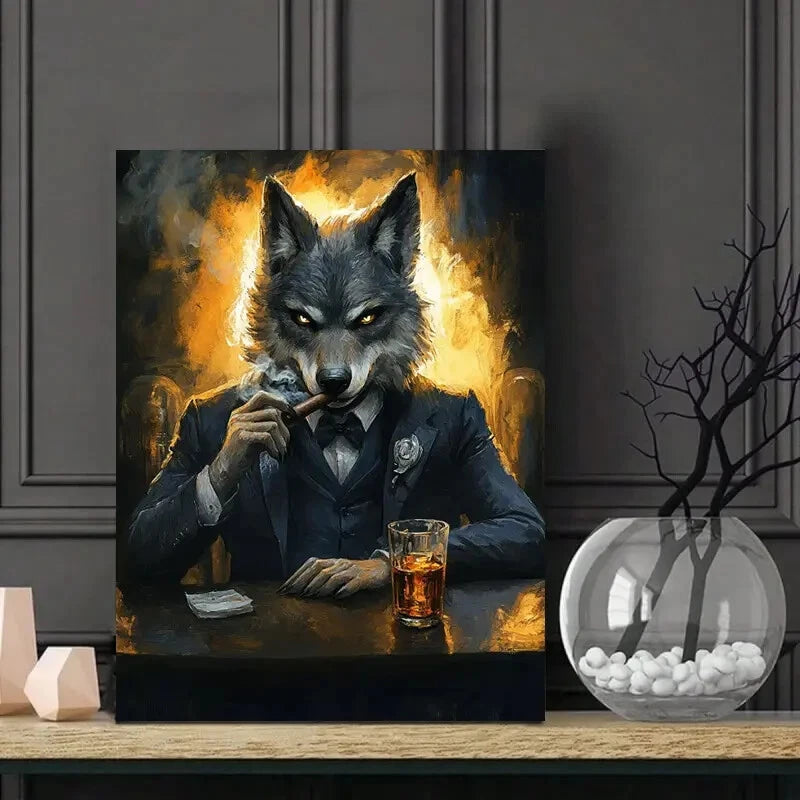 Sophisticated Wolf in Suit Cigar Scene Whimsical 40x60cm Metal Print Ready to Hang