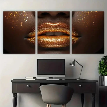 3pcs Woman In Golden Sparkles Lips Décor Wall Art Canvas Unframed - High Quality Print 100% Australian Made Wall Canvas