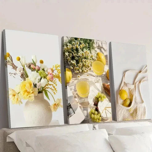 3pcs Lemon Grape Plants and Flowers Picnic Wall Art Set Canvas Unframed - High Quality Print 100% Australian Made Wall Canvas