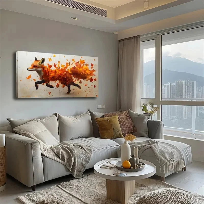 Falling Leaves - Vibrant Orange Wall Art Canvas Office Home Room Framed 120x60cm