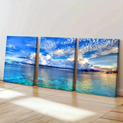 3pcs Blue Sky White Clouds Sea Natural Wall Art Canvas Unframed - High Quality Print 100% Australian Made Wall Canvas - Bella Home Decor
