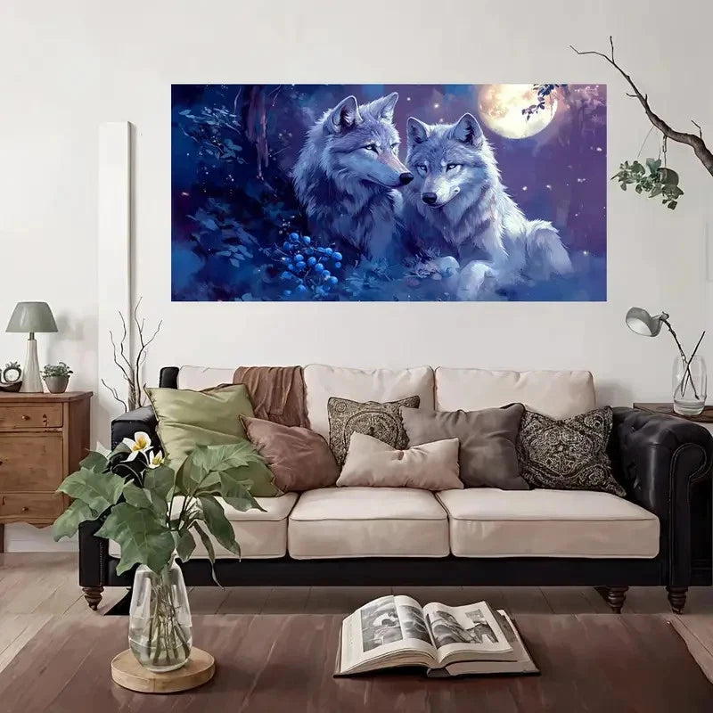 Moon Wolf Couple Wall Art Canvas Office Home Room Framed 120x60cm