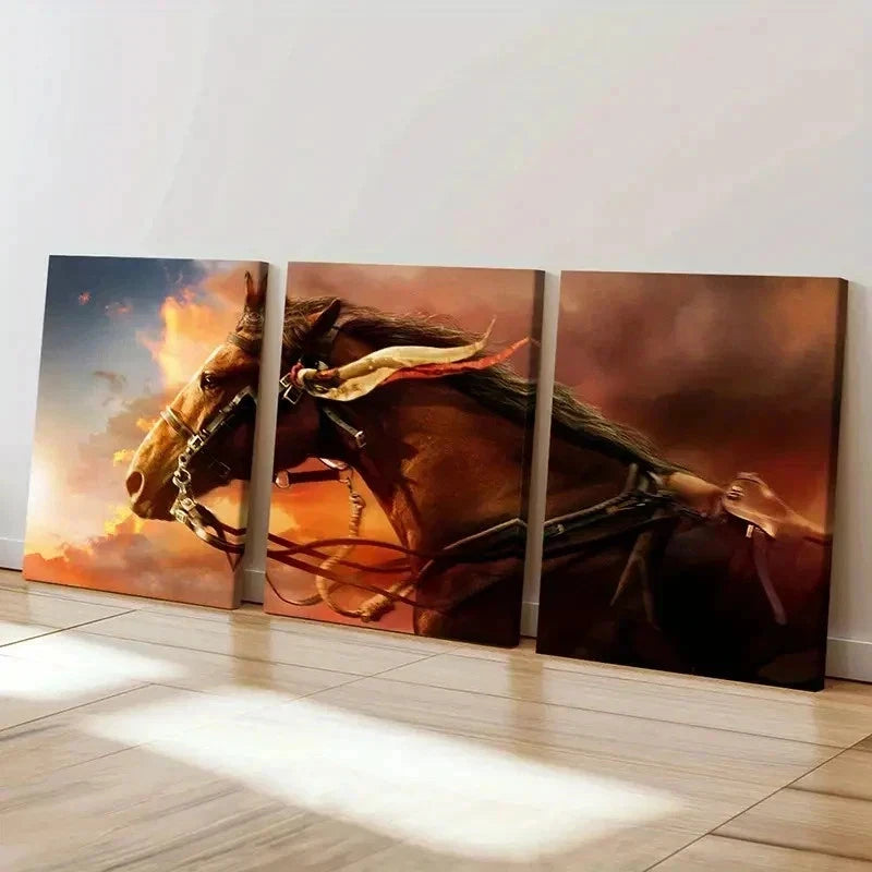 3pcs Vibrant Brown Horse Decoration Wall Art Set Canvas Framed 50x70cm - High Quality Print 100% Australian Made Wall Canvas Ready to Hang