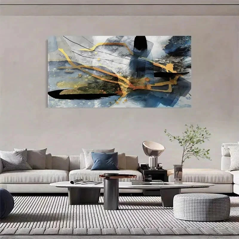 Blue Black & Golden Abstract Modern Wall Art Canvas Office Home Room Framed 120x60cm - Bella Home Decor