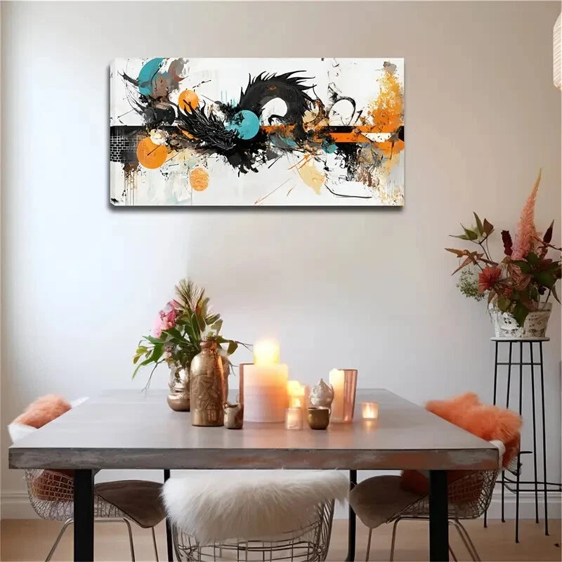 Black Dragon Turquoise Circular Wall Art Canvas Office Home Room Framed 120x60cm - Bella Home Decor