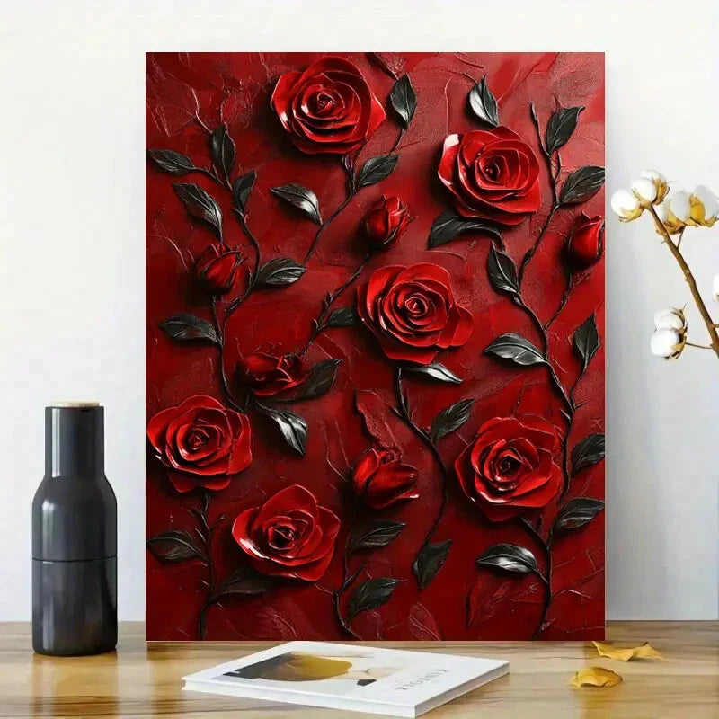 Red Roses on a Red Background Painting 40x60cm Metal Print Ready to Hang