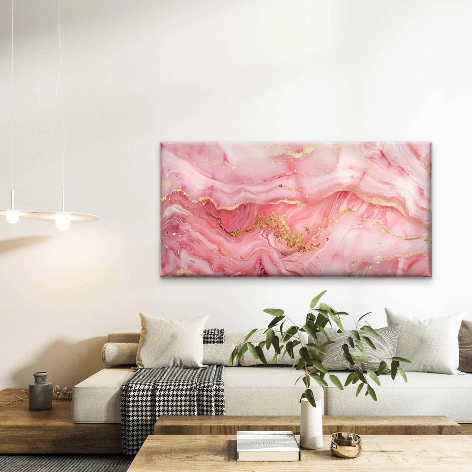 Rose Quartz Gold Abstract Wall Art Canvas Office Home Room Framed 120x60cm - Bella Home Decor