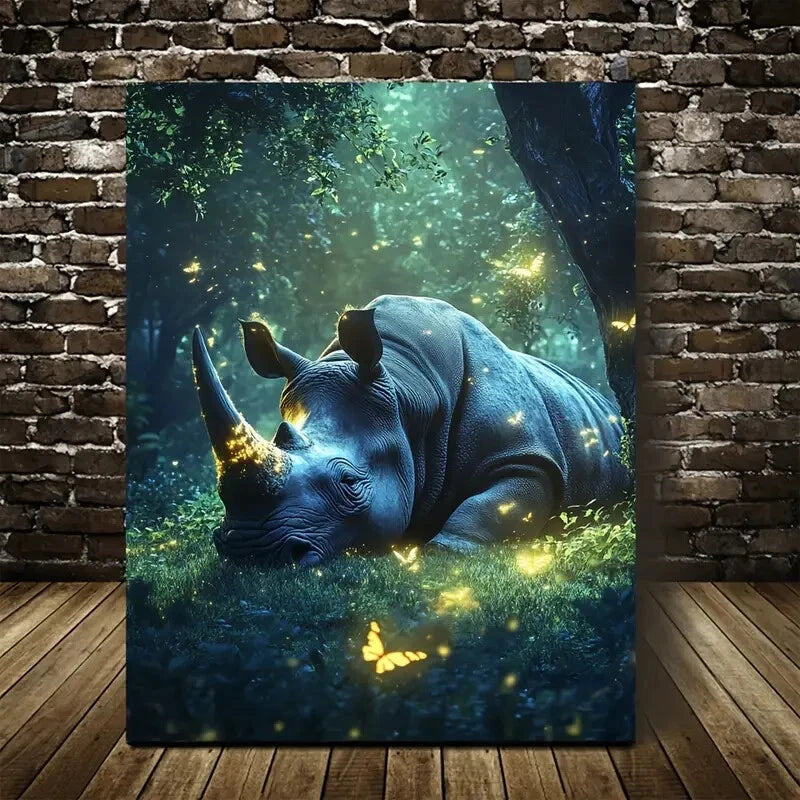 Fantasy Rhino in Magical Forest Painting 40x60cm Metal Print Ready to Hang - Bella Home Decor
