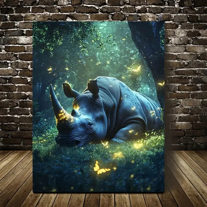 Fantasy Rhino in Magical Forest Painting 40x60cm Metal Print Ready to Hang - Bella Home Decor