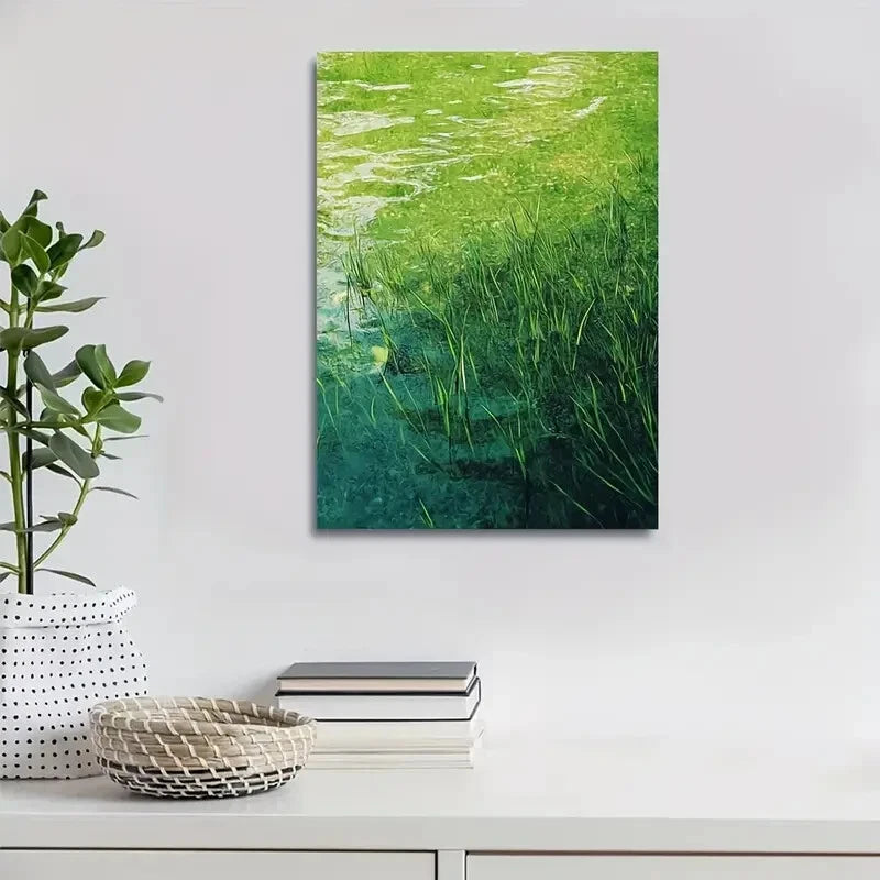 Emerald Green Water & Grass Field Scene Painting 40x60cm Metal Print Ready to Hang - Bella Home Decor