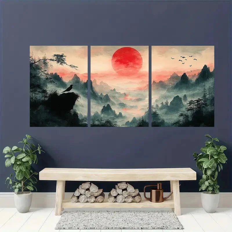 3pcs Japanese-Inspired Mountain Morning Painting Metal Print Ready to Hang Art - Bella Home Decor