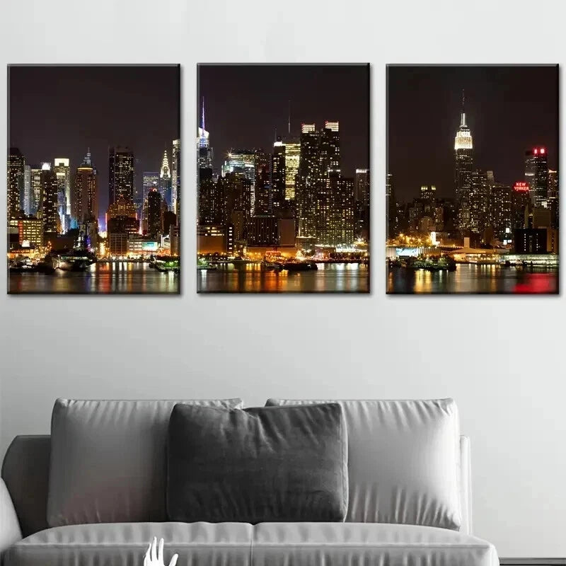 3pcs New York City Night View Skyline Perfect Wall Art Set Canvas Framed 50x70cm - High Quality Print 100% Australian Made Wall Canvas Ready to Hang - Bella Home Decor