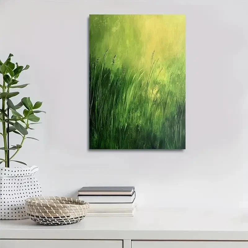 Beautiful Mint Grass Meadow Serene Greenery Painting 40x60cm Metal Print Ready to Hang - Bella Home Decor