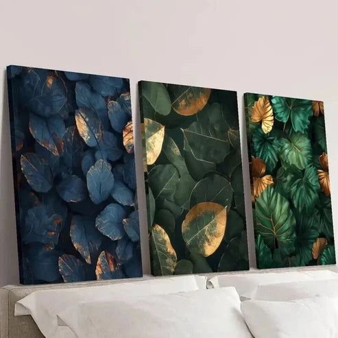 3pcs Jungle & Green Leaves with Golden Accents Wall Art Canvas Unframed - High Quality Print 100% Australian Made Wall Canvas