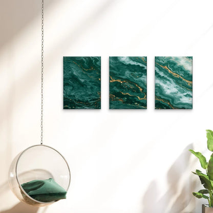3pcs Green and Gold Fluid Marble Abstract Art Wall Art Set Canvas Framed 50x70cm - High Quality Print 100% Australian Made Wall Canvas Ready to Hang