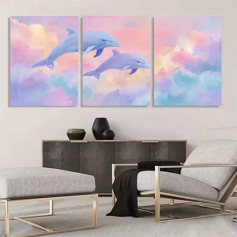 3pcs Soft Rainbow Sky Dolphin and Clouds Wall Art Set Canvas Framed 50x70cm - High Quality Print 100% Australian Made Wall Canvas Ready to Hang